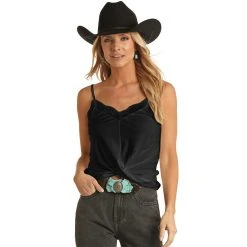 Rock & Roll Denim Cowgirl Twist Front Cami With Lace