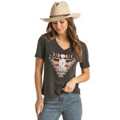 Rock & Roll Denim Cowgirl V-neck Graphic Tee