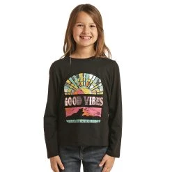 Rock & Roll Denim Cowgirl Basic Long Sleeve Tee With Graphic
