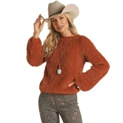 Rock & Roll Denim Cowgirl Fuzzy Solid Sweater
