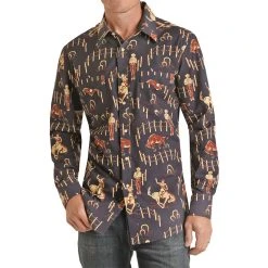 Rock N Roll Cowboy Men's Long Sleeve Vintage Print Snap