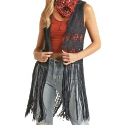 Rock & Roll Denim Women's Crochet Fringe Knit Vest
