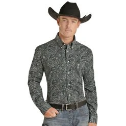 Rock N Roll Cowboy Charcoal Paisley Print Button-Down