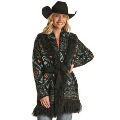 Rock & Roll Denim Cardigan With Aztec Designs