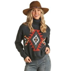 Rock & Roll Denim Women's Geo Front Mock Neck Sweater
