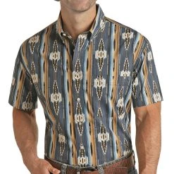 Rock N Roll Cowboy Blue Aztec Vintage Button Down