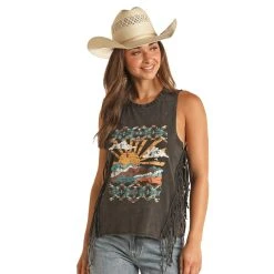 Rock & Roll Denim N Womens Graphic Black Tank With Fringe