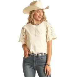 Rock & Roll Denim And Womens Natural Eyelet Sleeve Tshirt