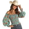 Rock & Roll Denim And Womens Offshoulder Floral Turquoise Top -BuckarooBoutique 163108 default l