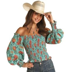 Rock & Roll Denim And Womens Offshoulder Floral Turquoise Top