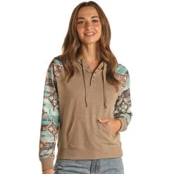 Rock & Roll Denim And Womens Tan Contrast Sleeve Hoodie