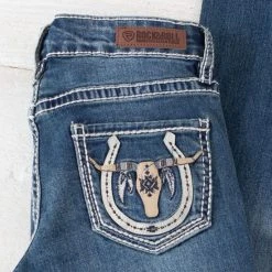 Rock & Roll Denim Girls Longhorns & Horseshoes Jeans -BuckarooBoutique 22630 detail